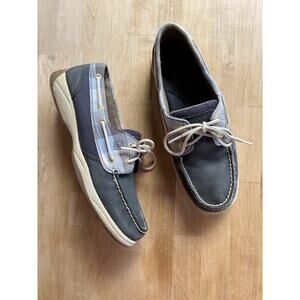 Sperry Top-Sider Boat Shoes Women 9M Navy Blue Leather Plaid Trim Trendy Comfort